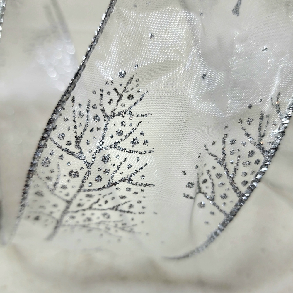 Wired Sheer Silver Ribbon With Glitter Christmas Trees - Picture 2 of 9